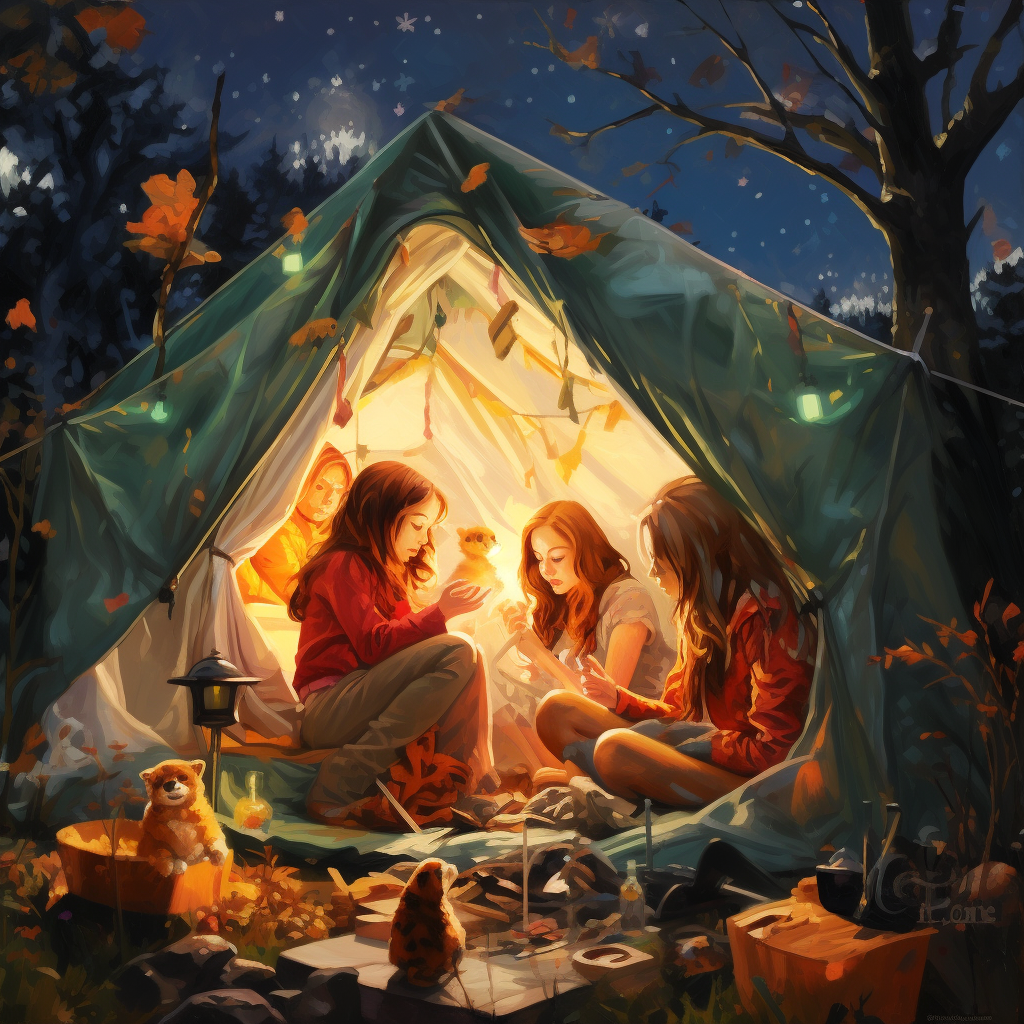 Group of girls camping in a tent