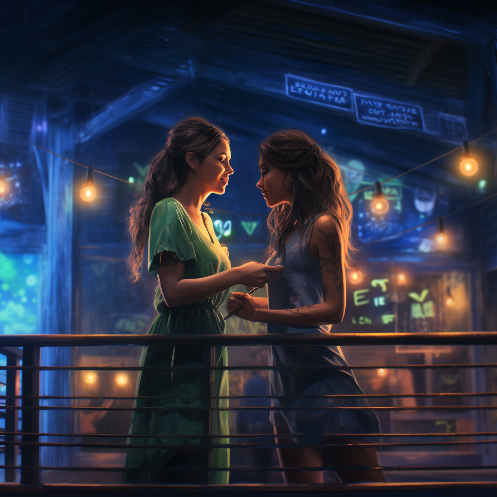 Two girls holding hands in front of a bar