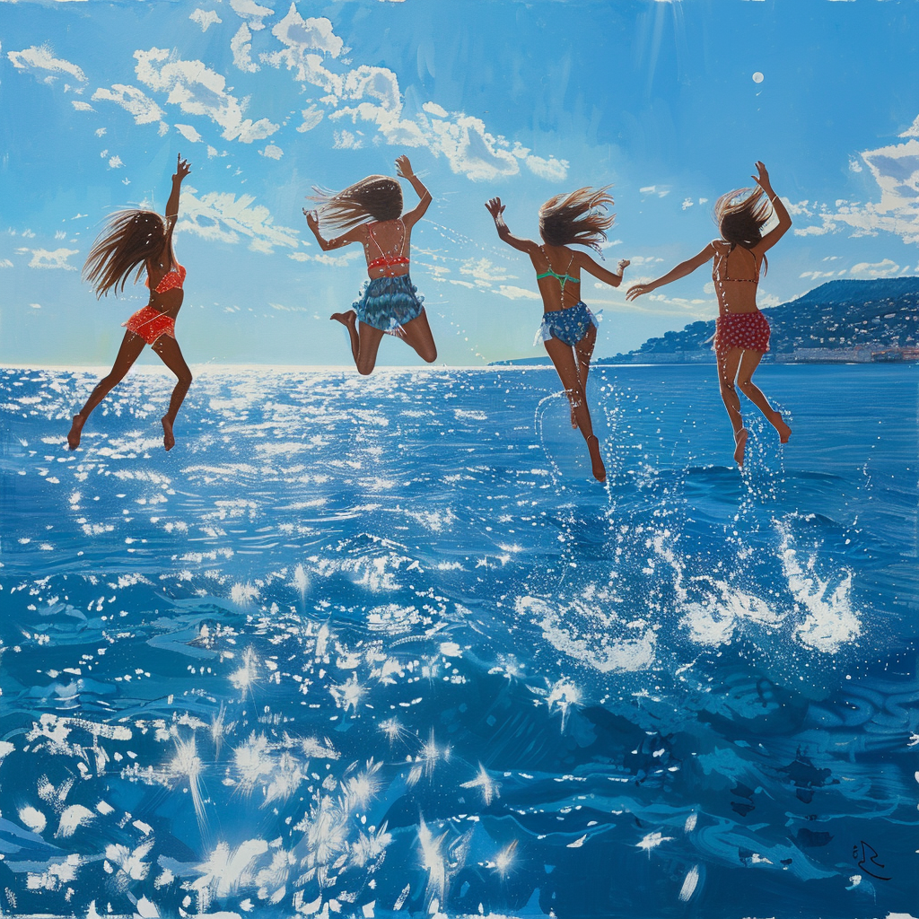 Four girls jumping blue sea