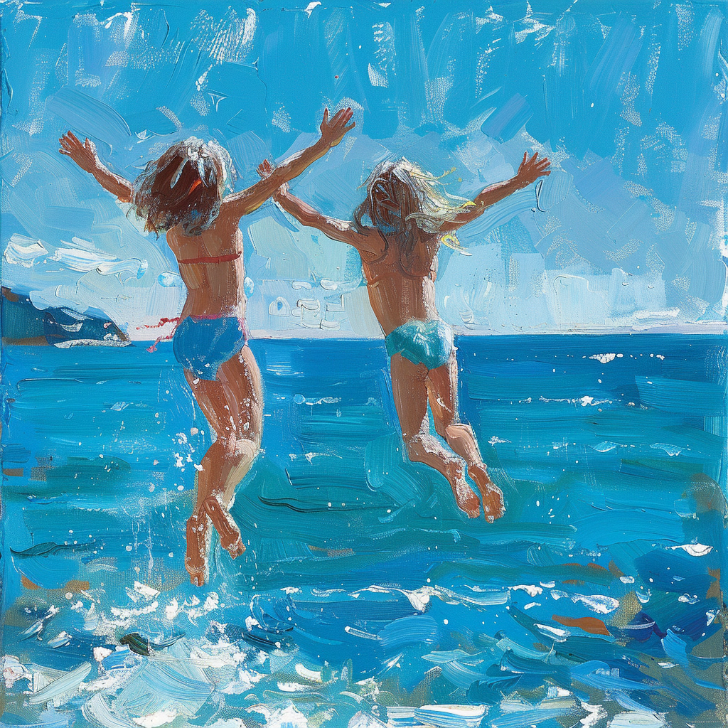 Girls Jumping into Blue Sea