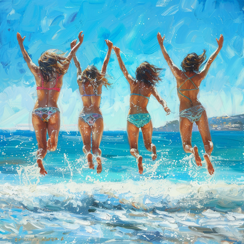 Girls jumping in sea sunlight