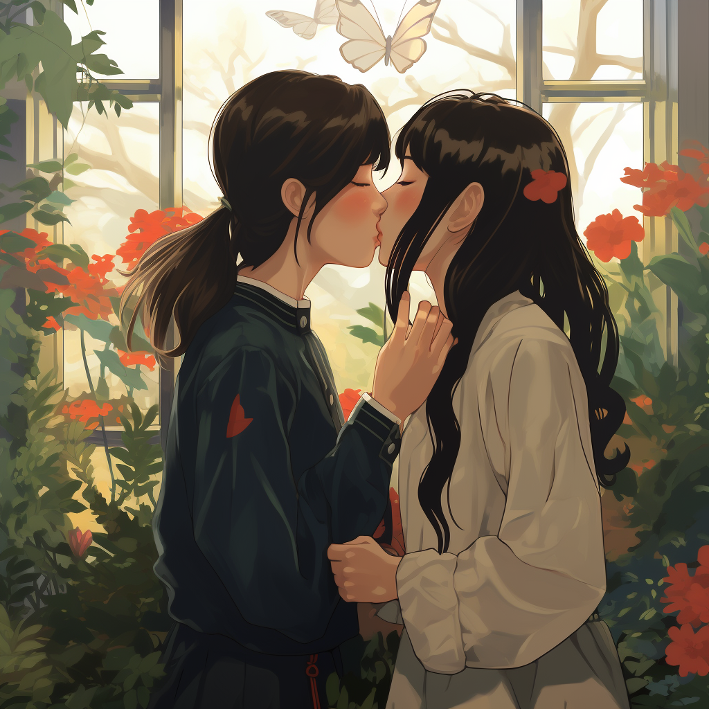 Two girls kissing Ghibli style