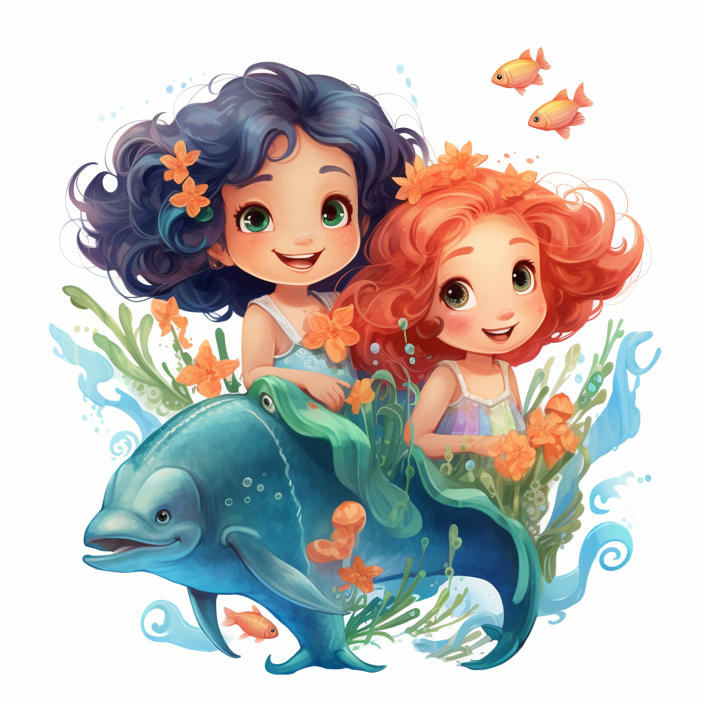 Girls playing with dolphins and sea creatures