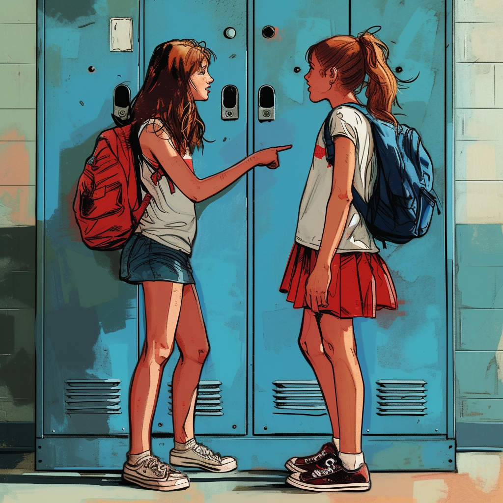 Girls pointing shoes near school locker