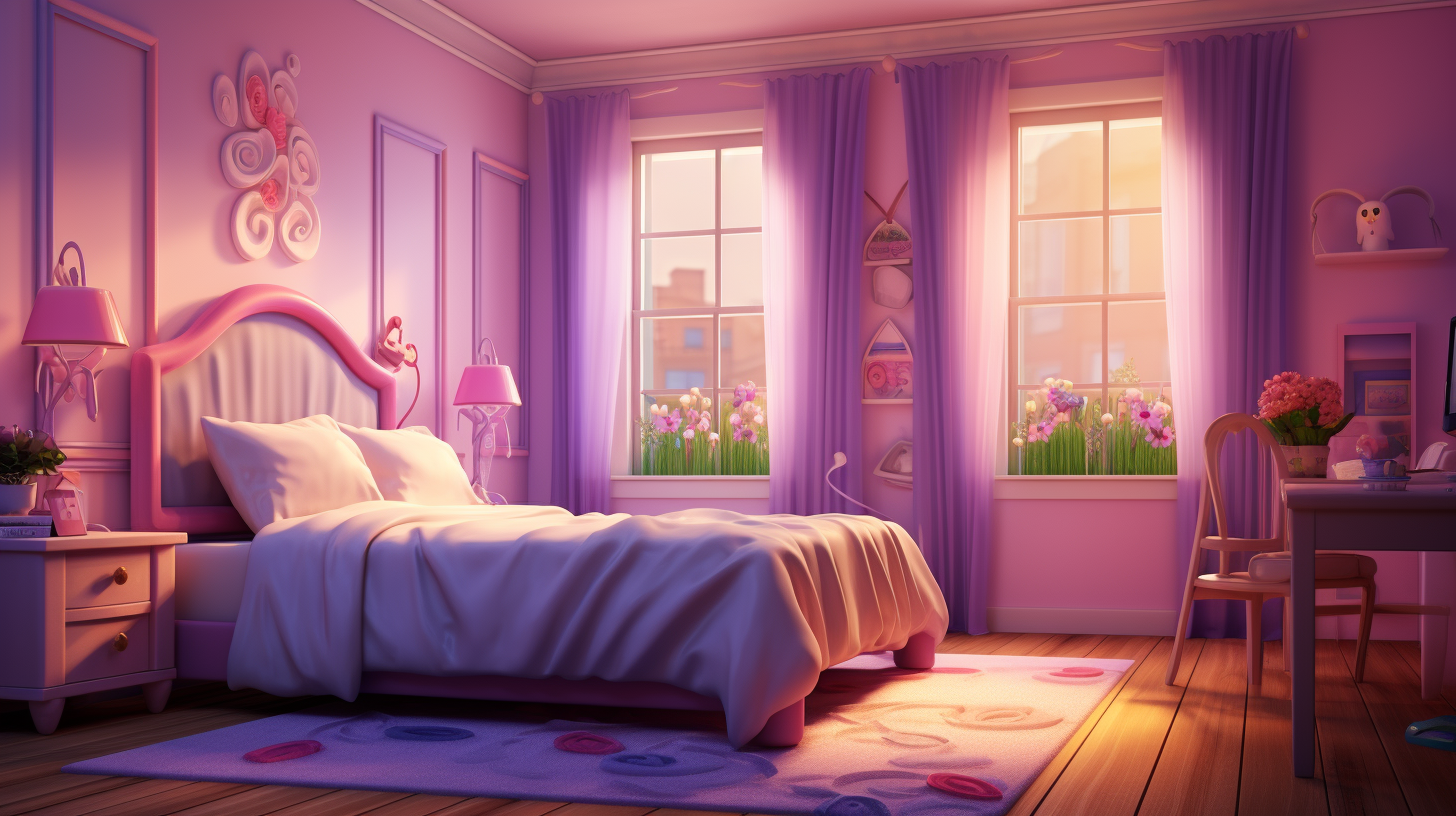 Girly room with pink bed and purple curtains