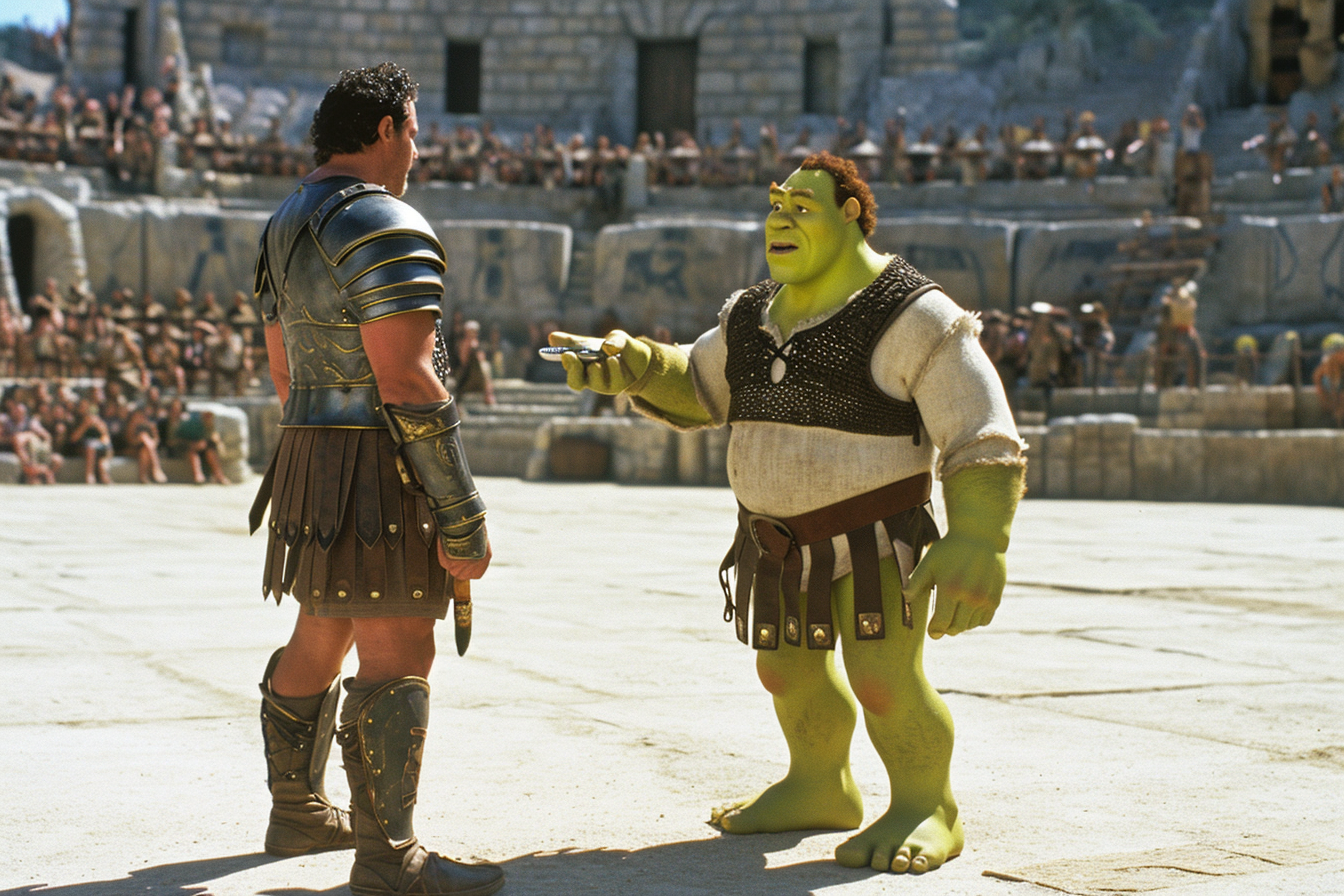 Gladiator handing TV remote control to Shrek