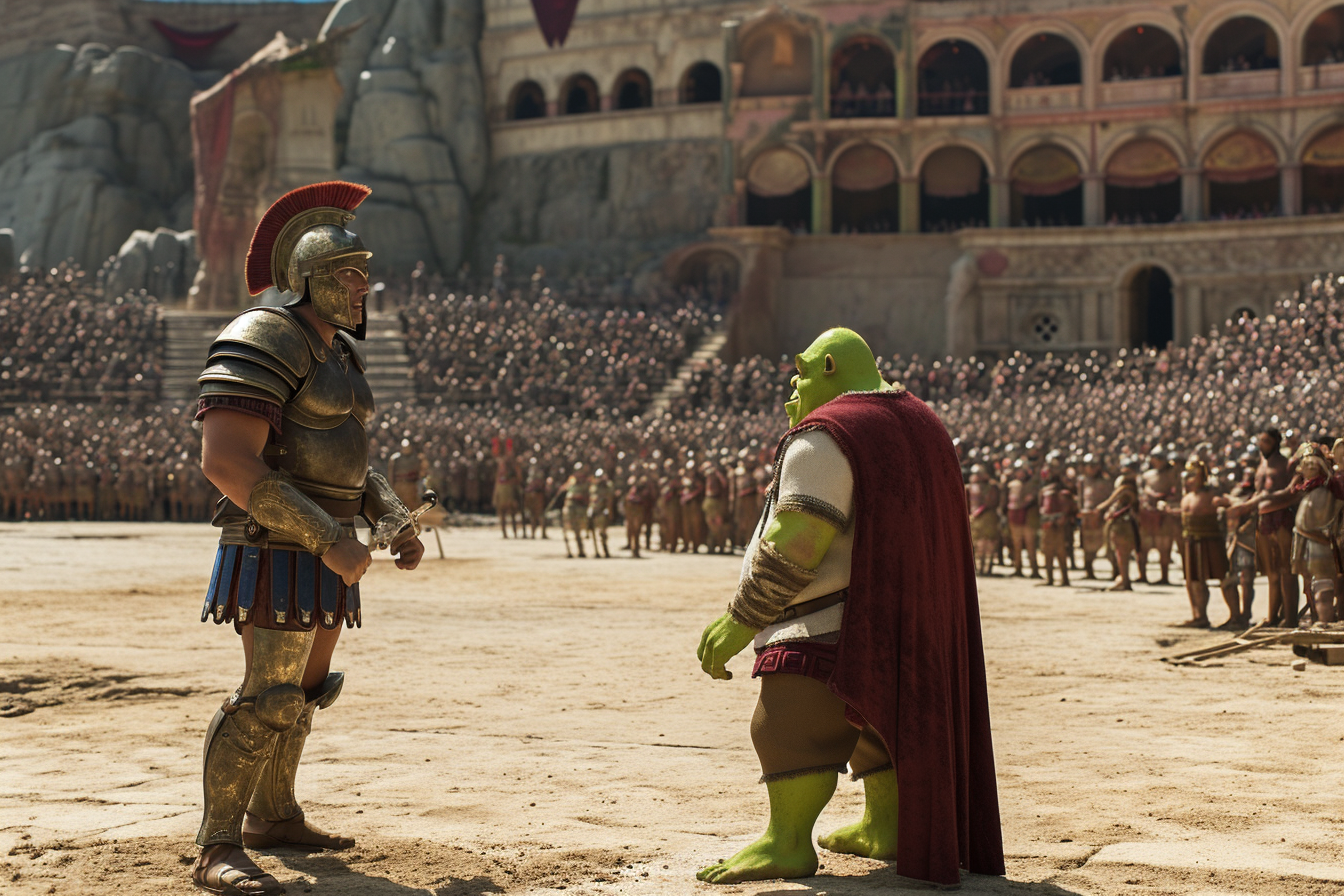 Gladiator handing remote control to Shrek