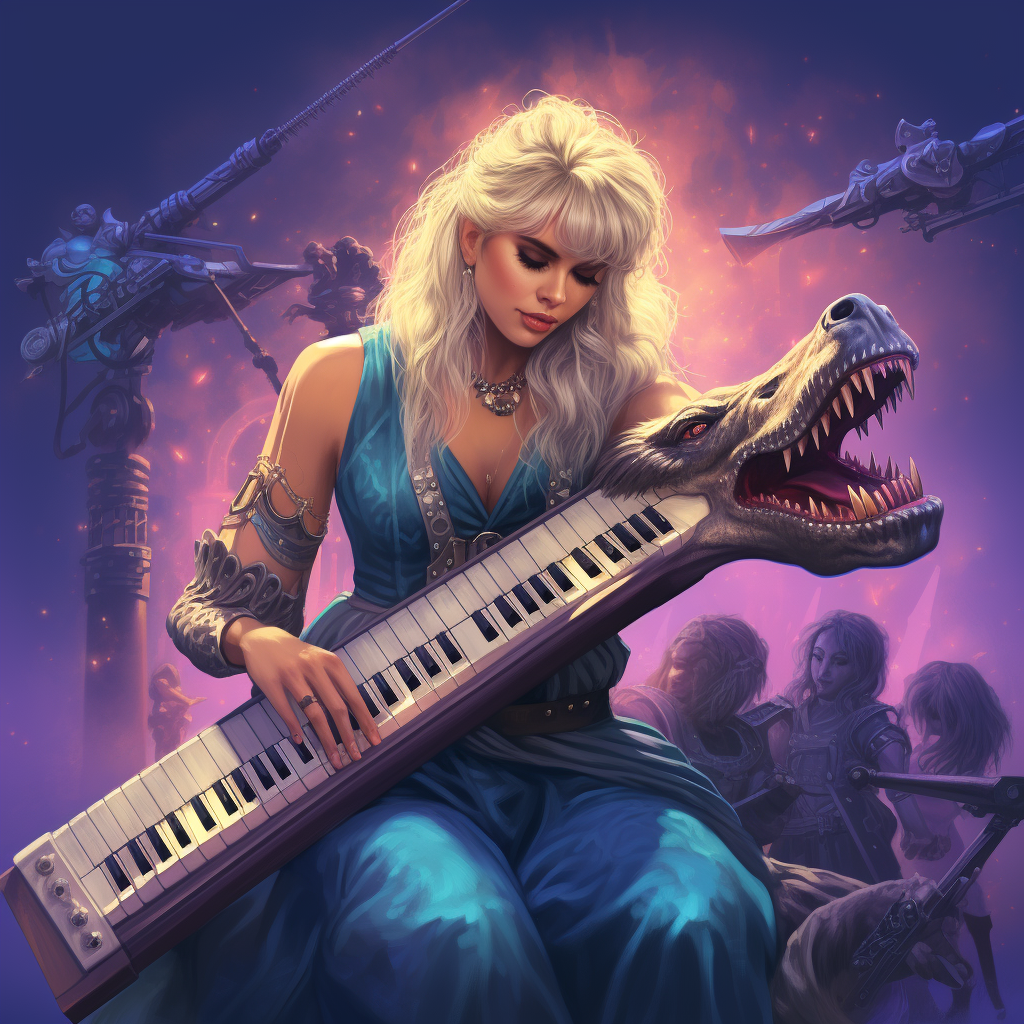 Young woman fighting monsters with keytar