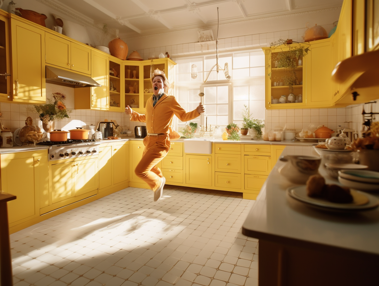 Glamorous kitchen with man running in yellow theme