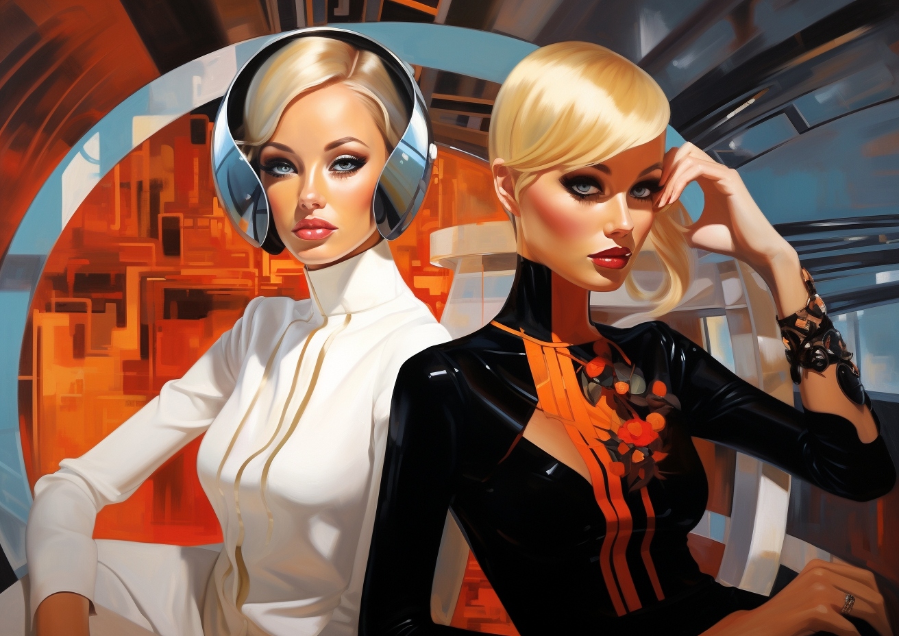 Two Flirting Glamour Women in Futuristic Interior