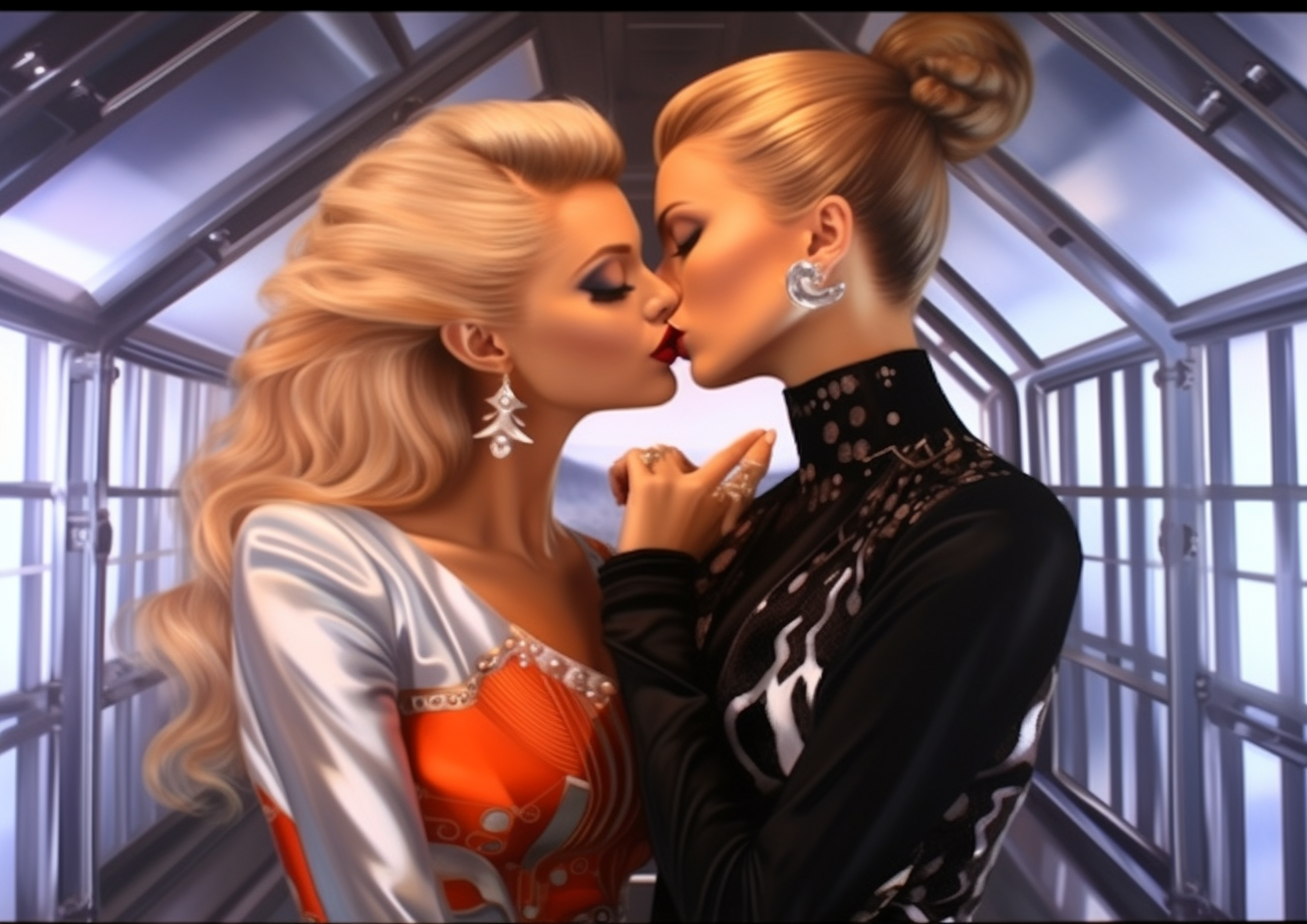 Glamour women kissing passionately in futuristic interior