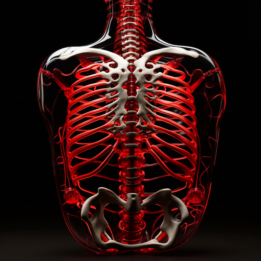 Anatomically correct ribcage on black with red highlight