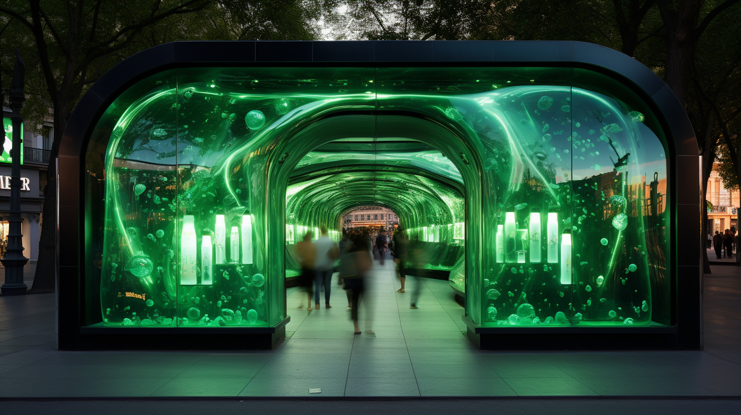 Green glass and Perrier shape bottles in Milan's artistic installation