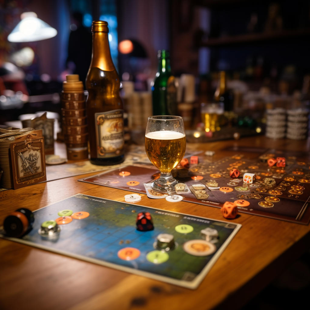 Refreshing beer next to a board game