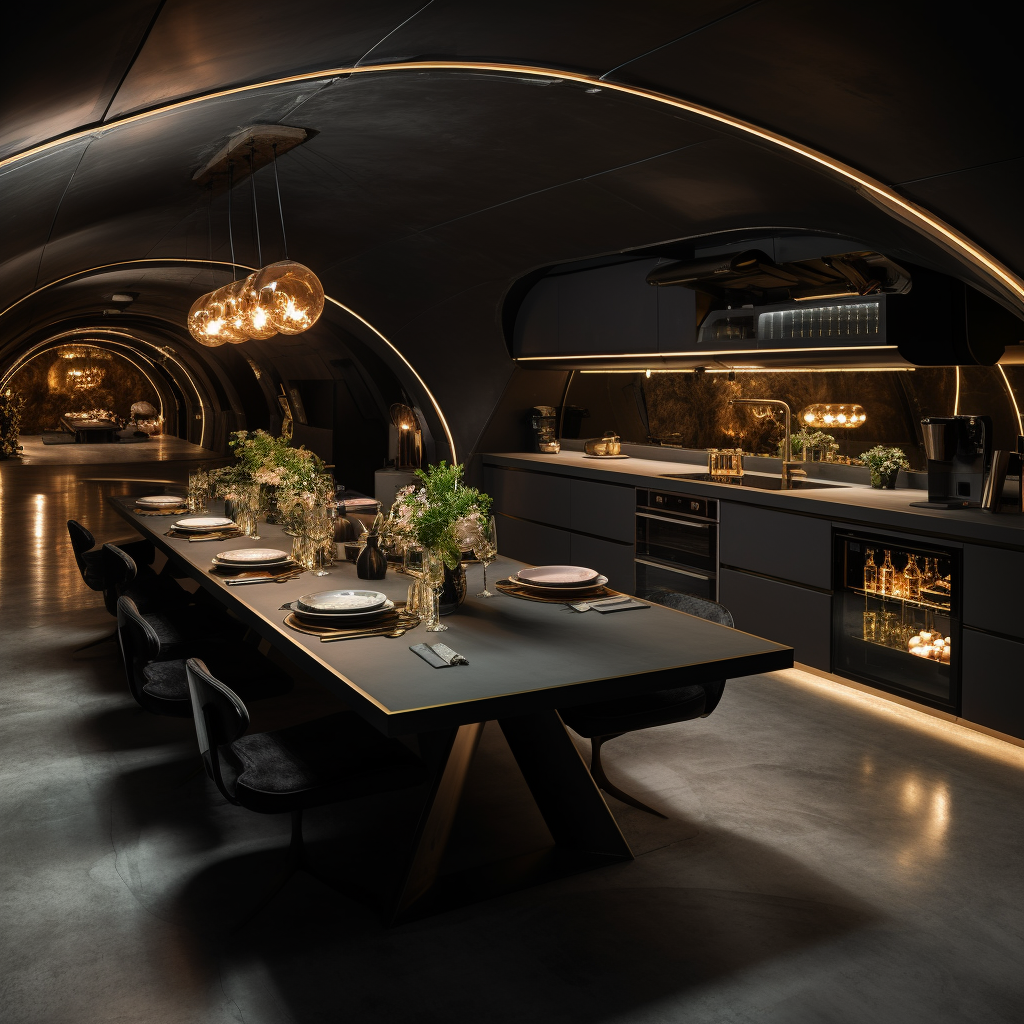 Glass bomb shelter with spacious kitchen design