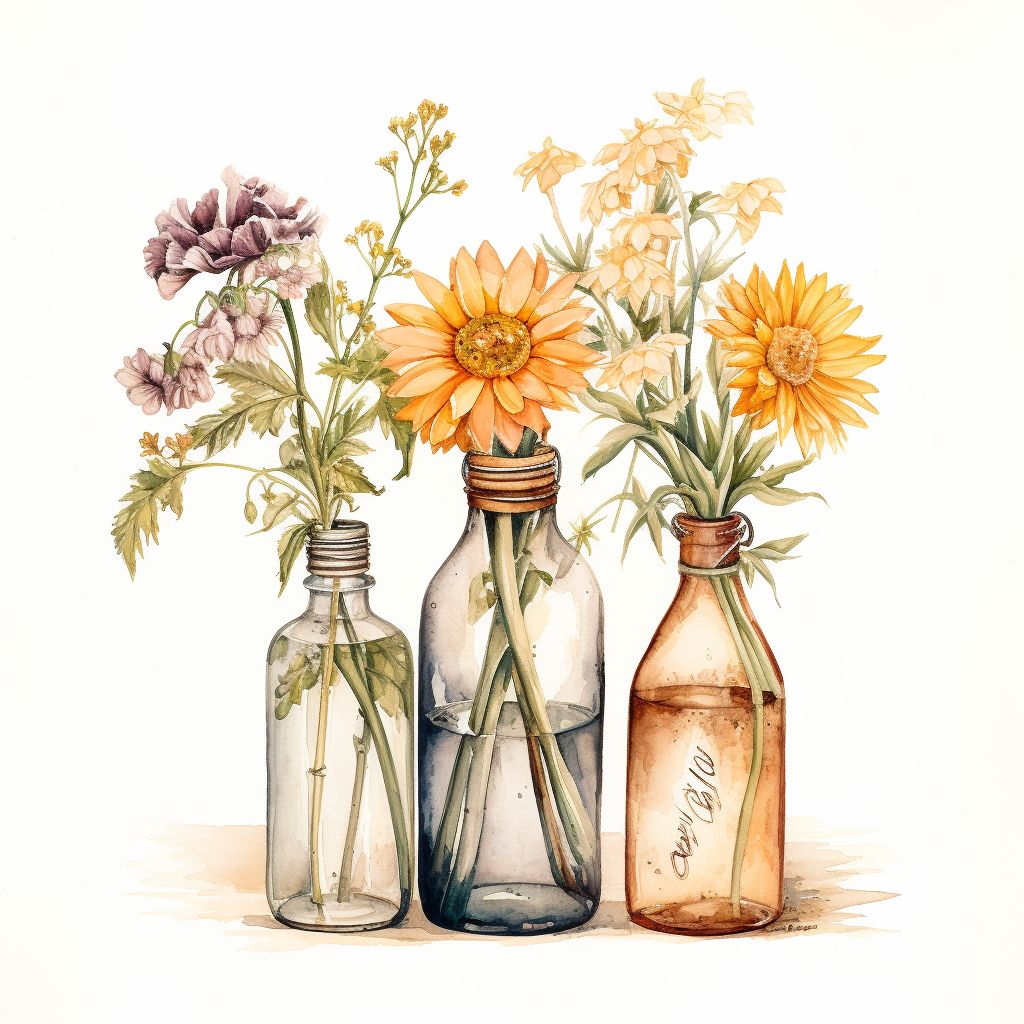 glass bottles with wildflower bouquet