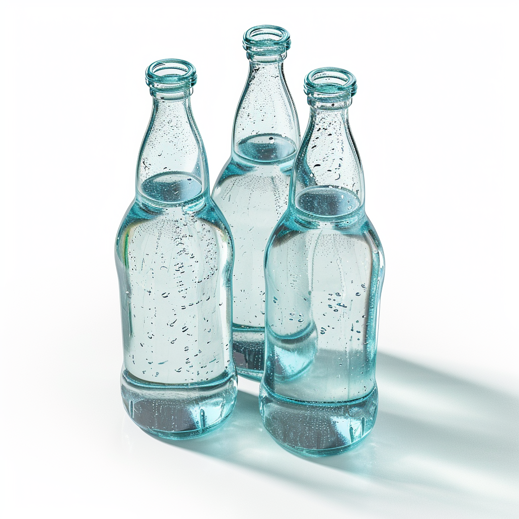 Three glass bottles of water stacked