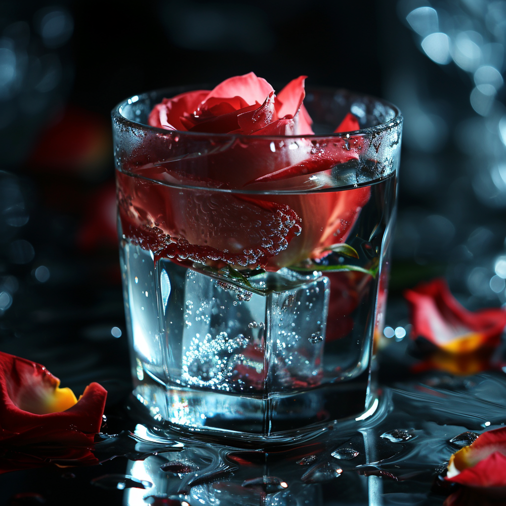 Glass cup with rose-shaped ice cube