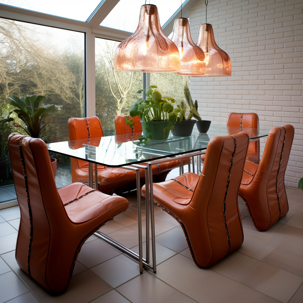 Elegant glass dining table with terracotta leather chairs