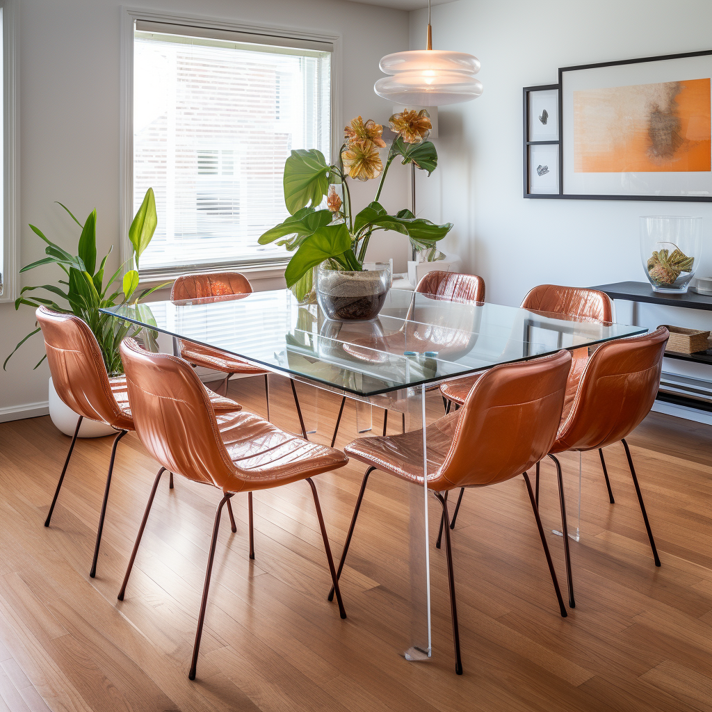 Realistic glass dining table with terracotta vegan leather chairs