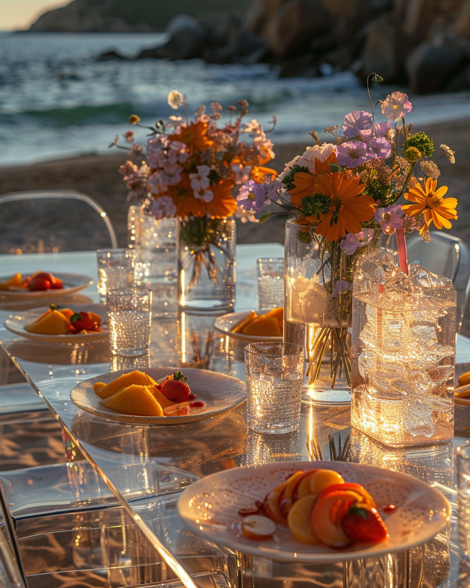 Sparkling glass chairs on beach