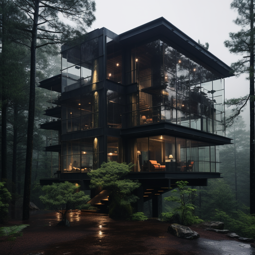 Glass house in mountains with Japanese architecture