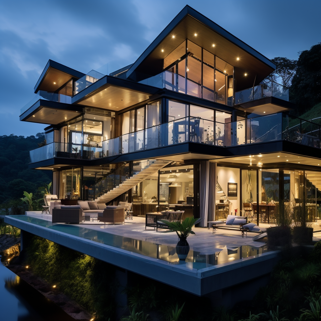 Modern glass house with roof deck and lake view