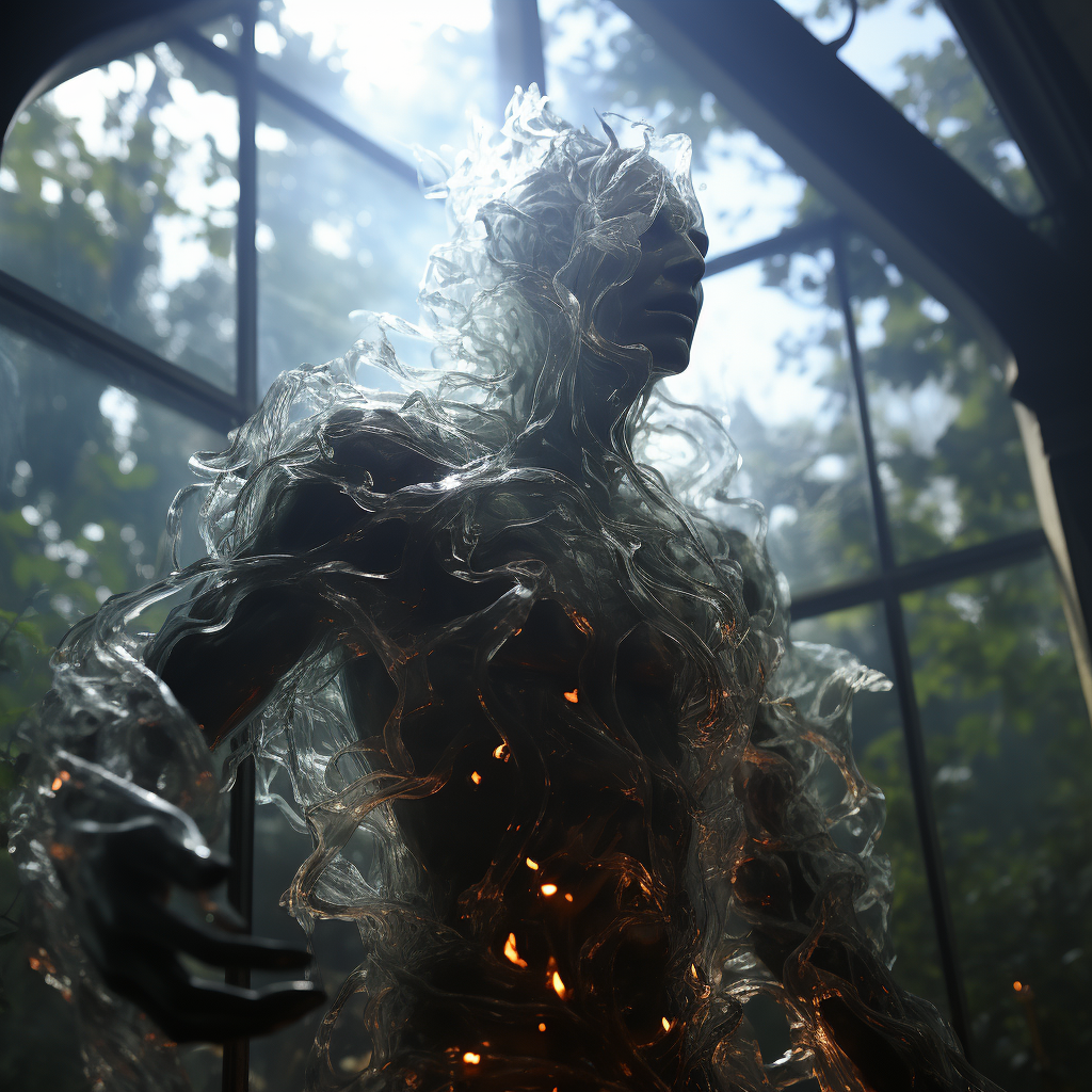 Glass humanoid jumping from a tree with smoky interior