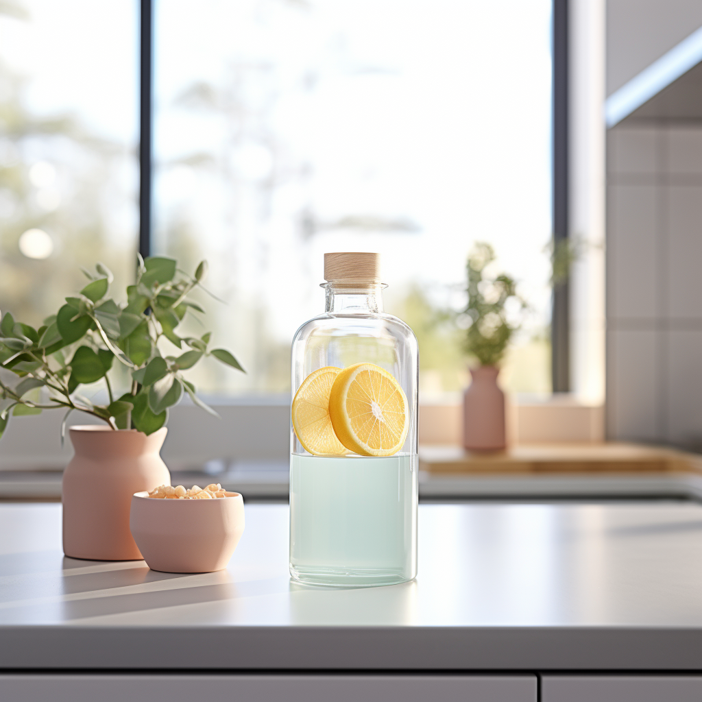 Realistic Glass Juice Bottle on Kitchen Counter