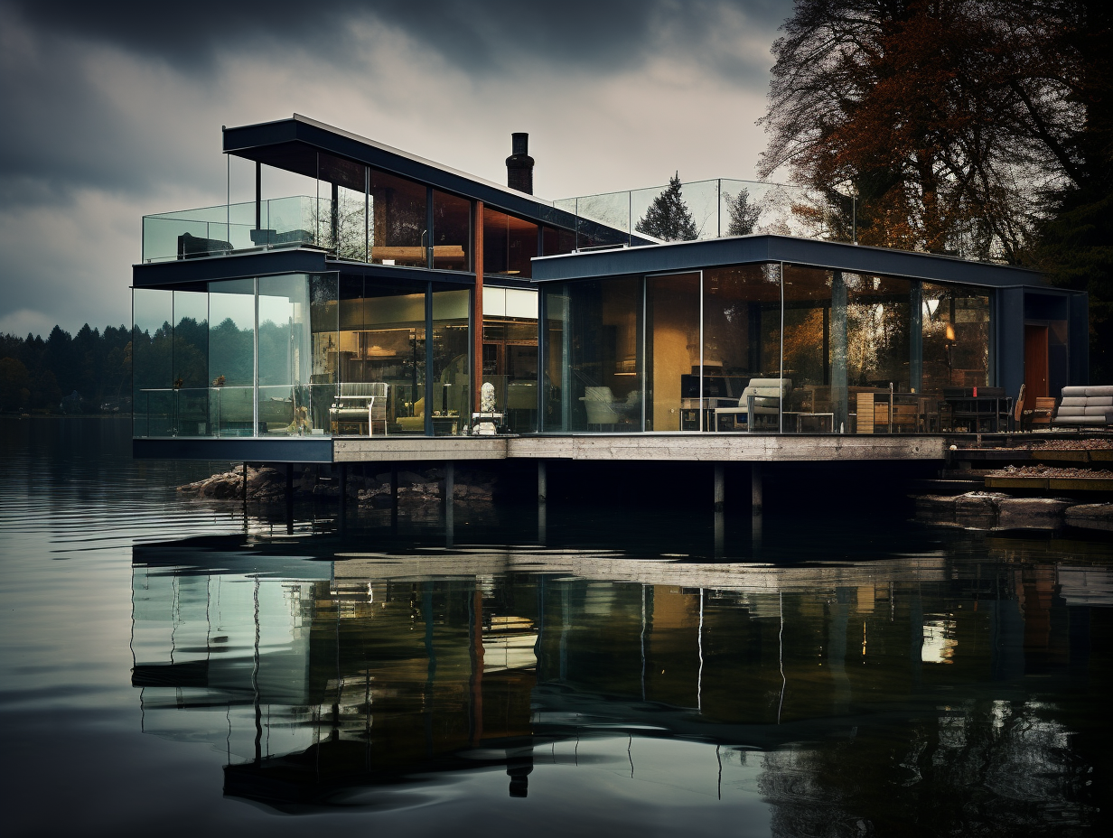 Beautiful glass lakehouse near the lake