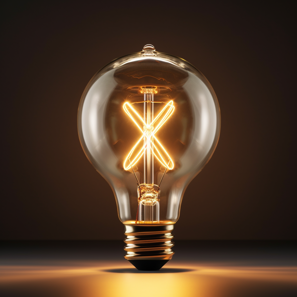 Realistic clear glass lightbulb with cross-shaped filament on gold background