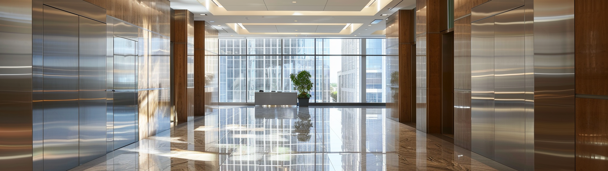 Wide glass lobby hallway view