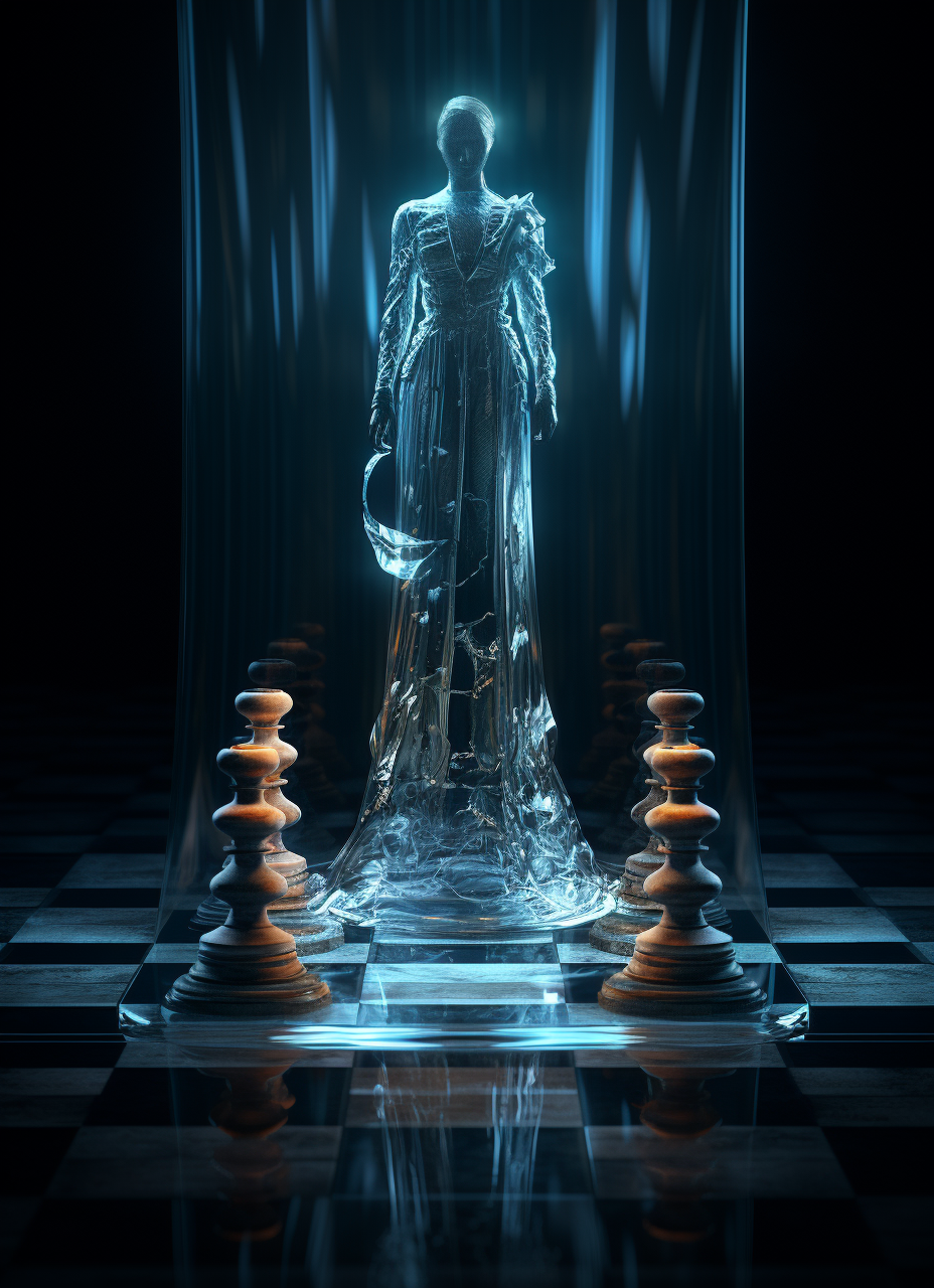 Glass man standing on chess table