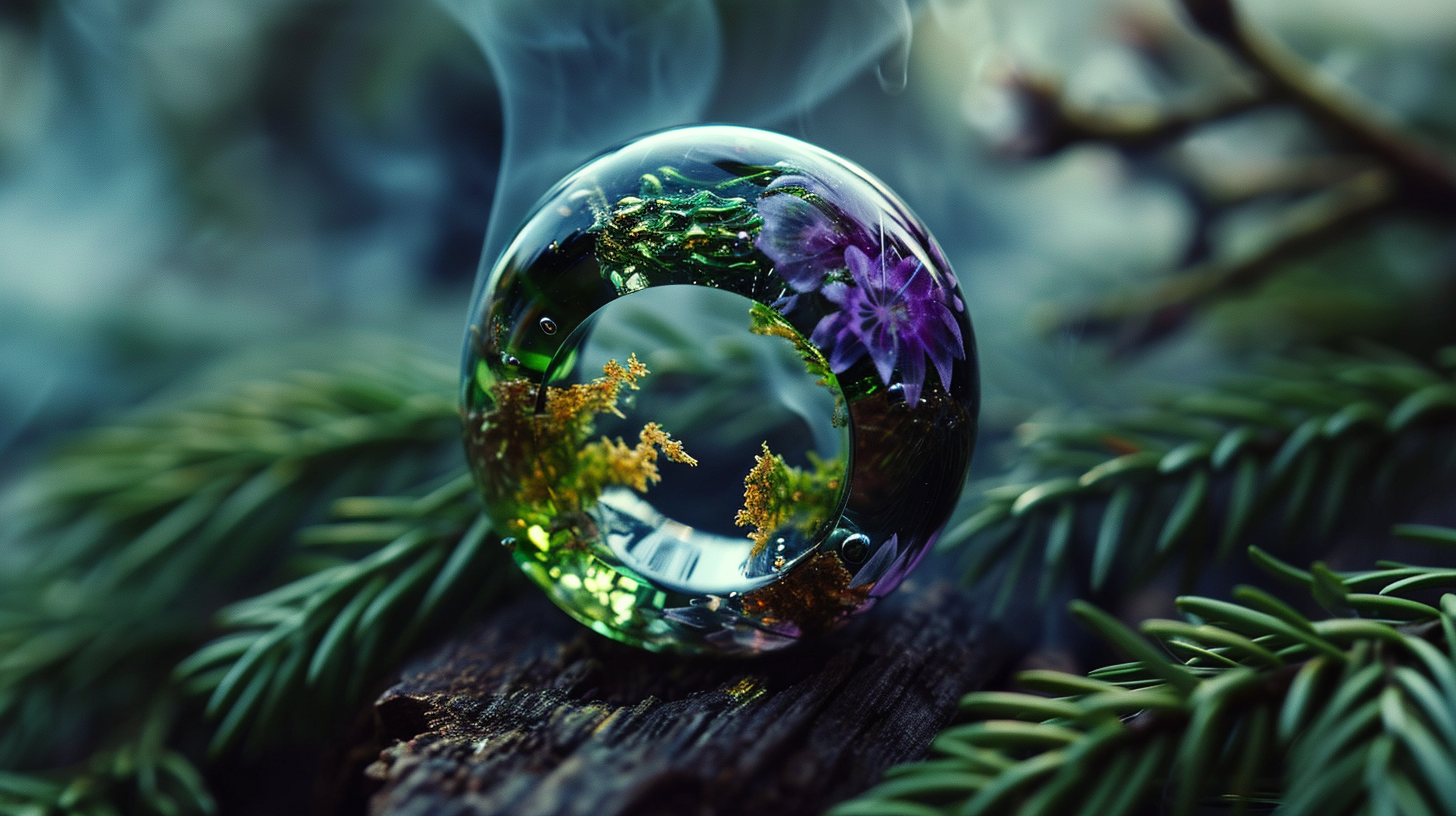 Glass ring with forest and smoke