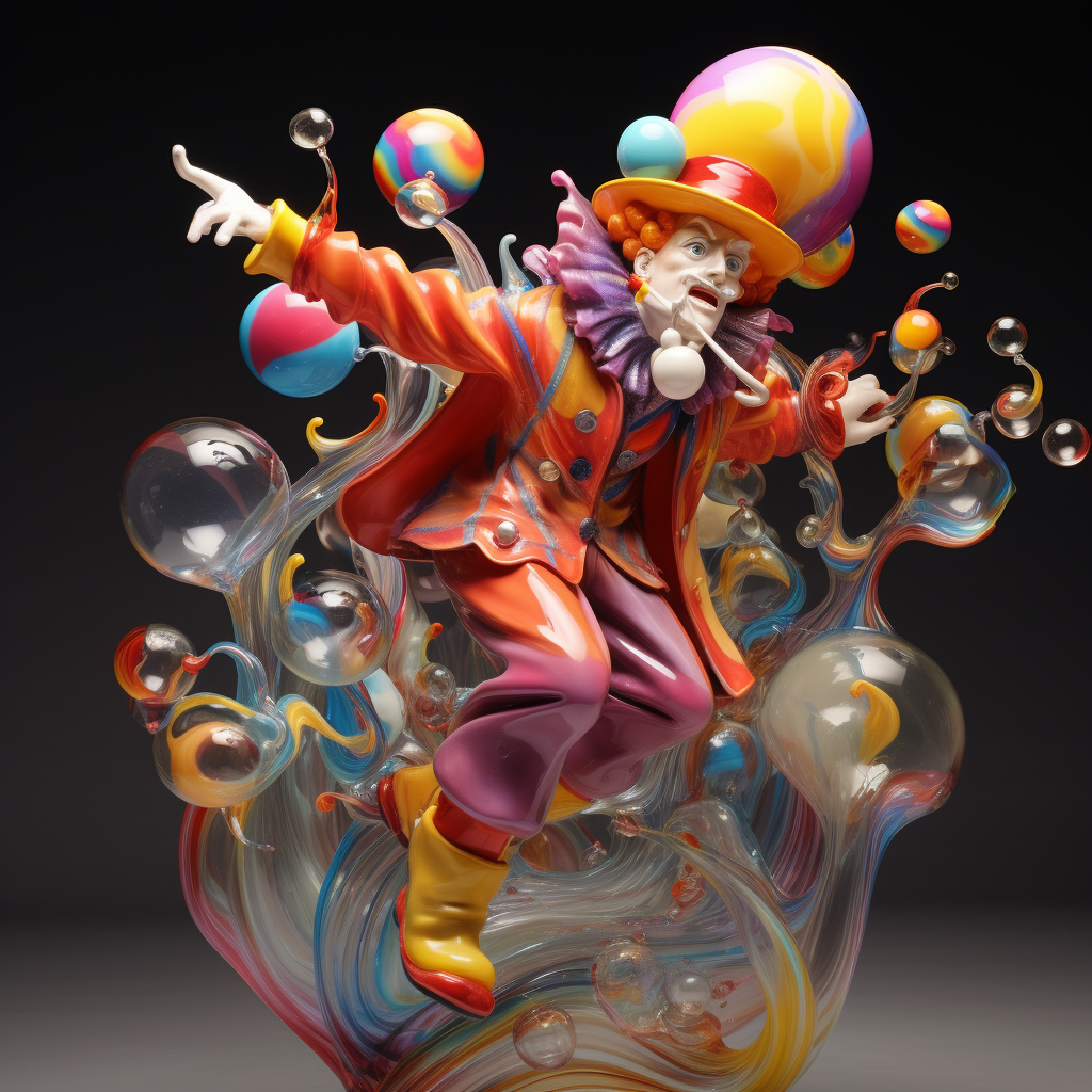 Whimsical glass sculpture of a clown parading in the cosmos