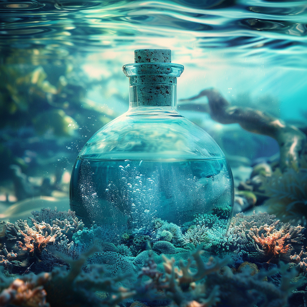 Serum bottle underwater blue sea