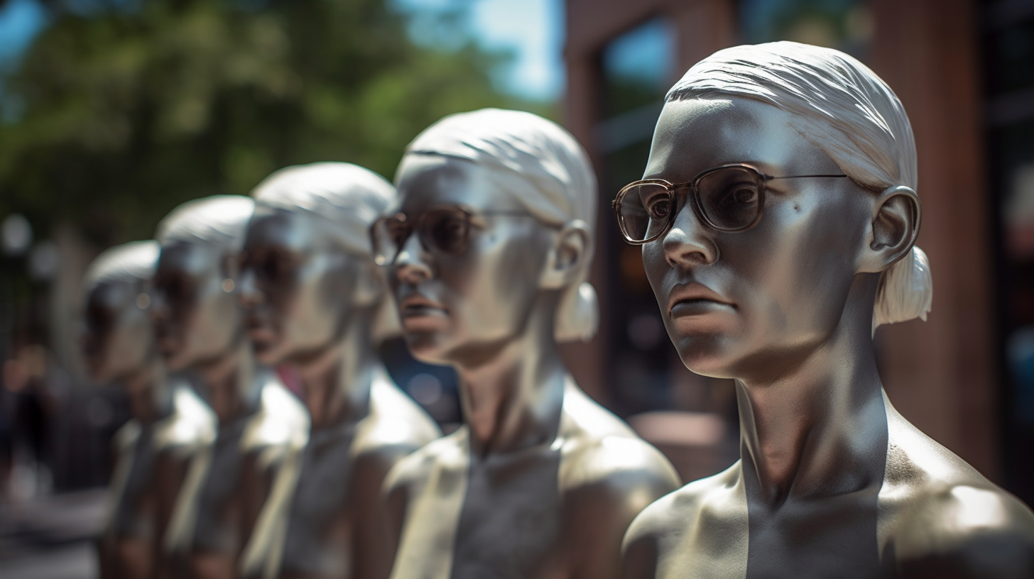 Stunning Glass Statue with Androids Marching Downtown