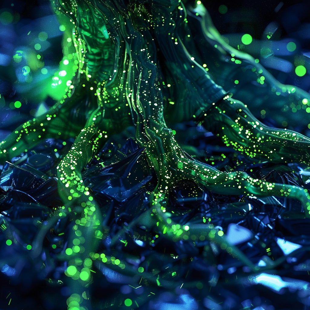 Glass tree roots neon green landscape