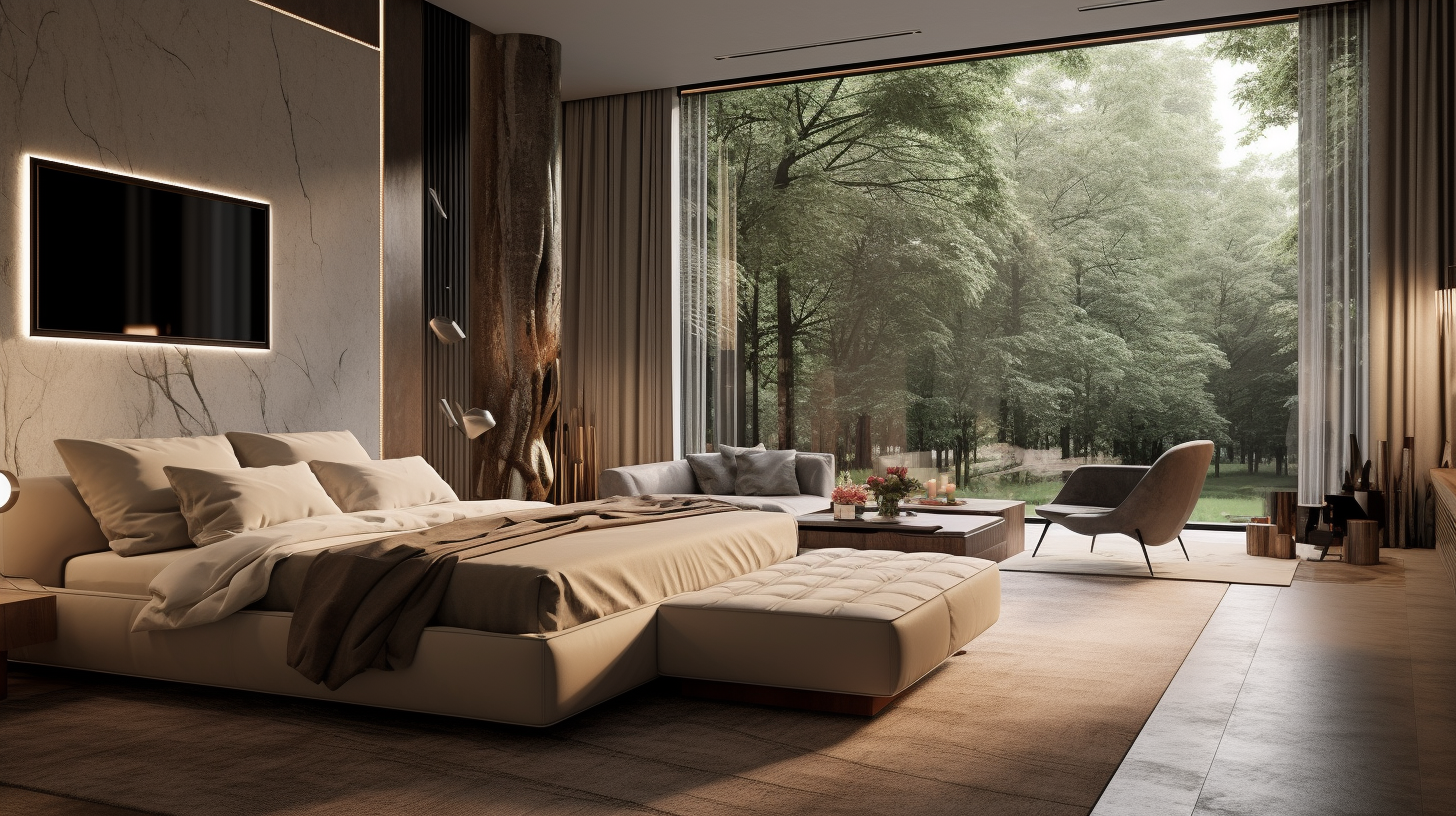 glass walls in living room with bed and TV