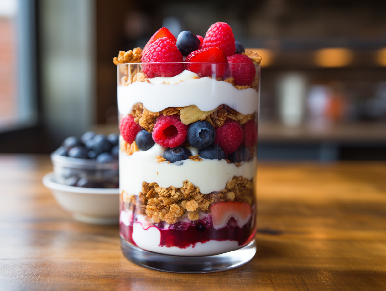 Glass of Greek yogurt with granola and mixed berries