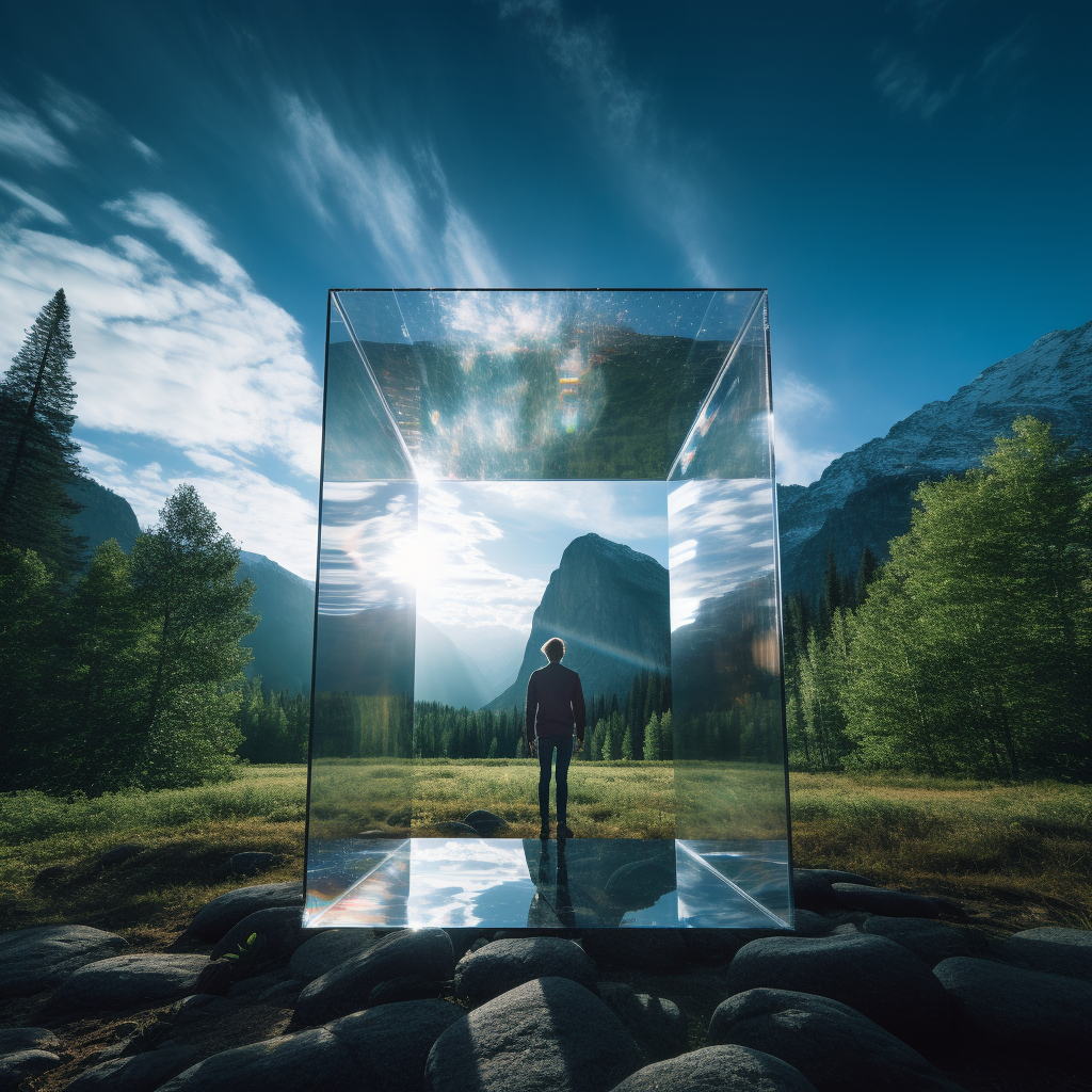 Person inside glass cube surrounded by nature