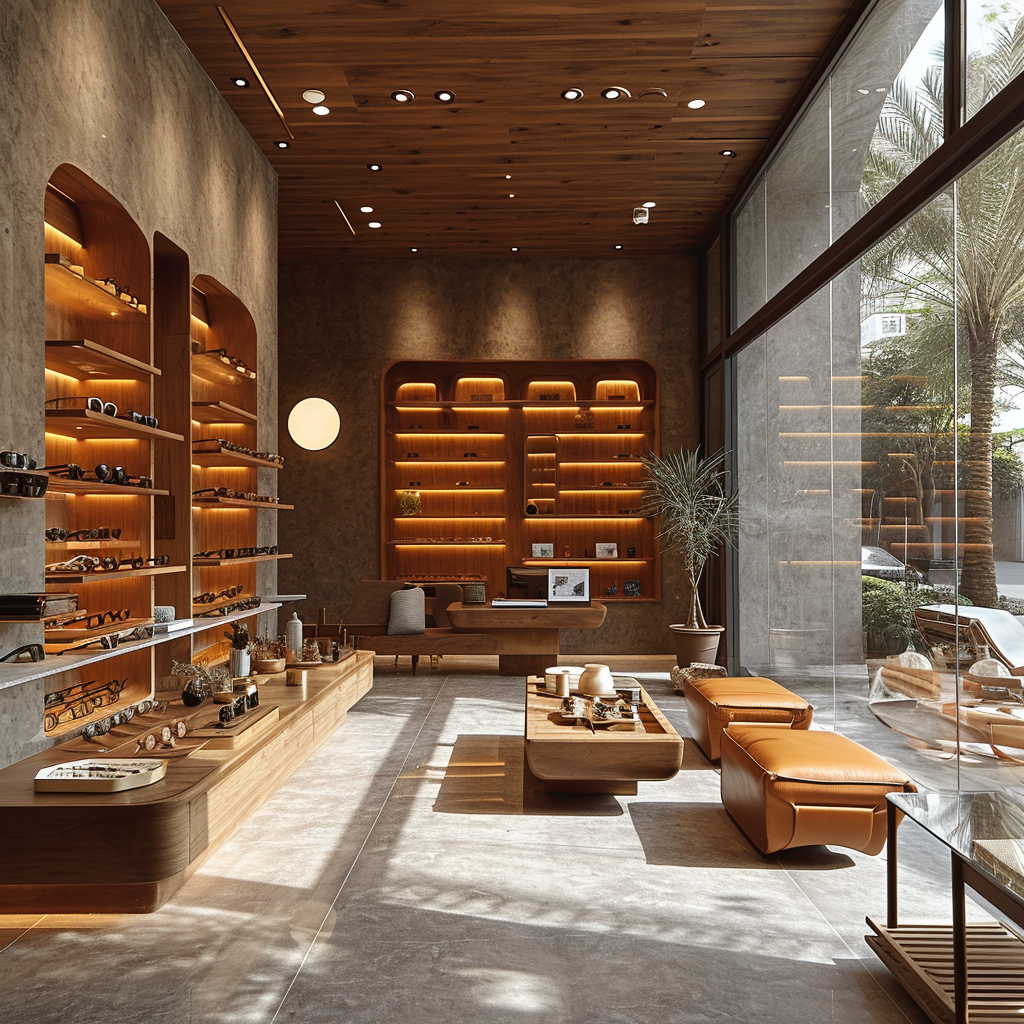 Glasses store interior with wood, concrete, and glass elements