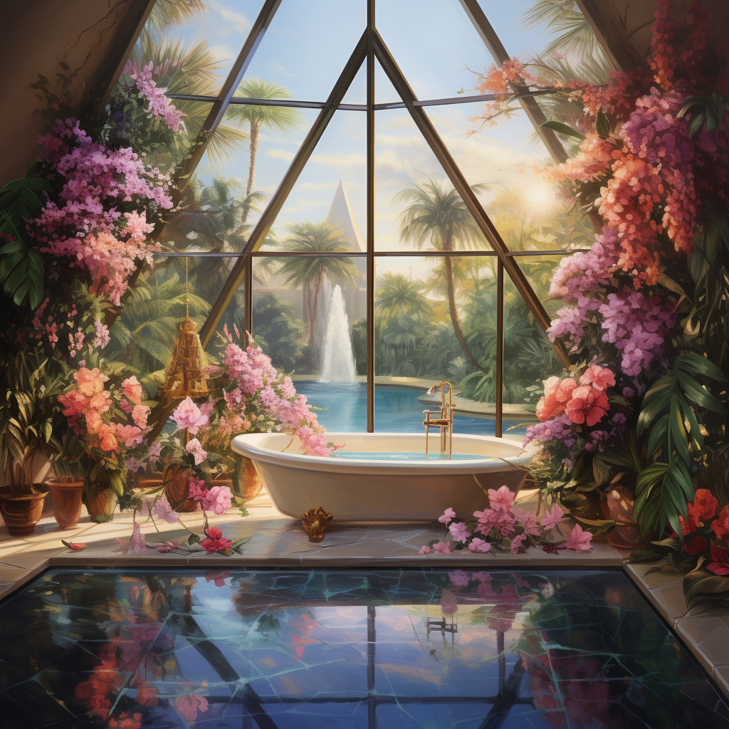 Beautiful Glasshouse with Roses and Triangle Bathtub