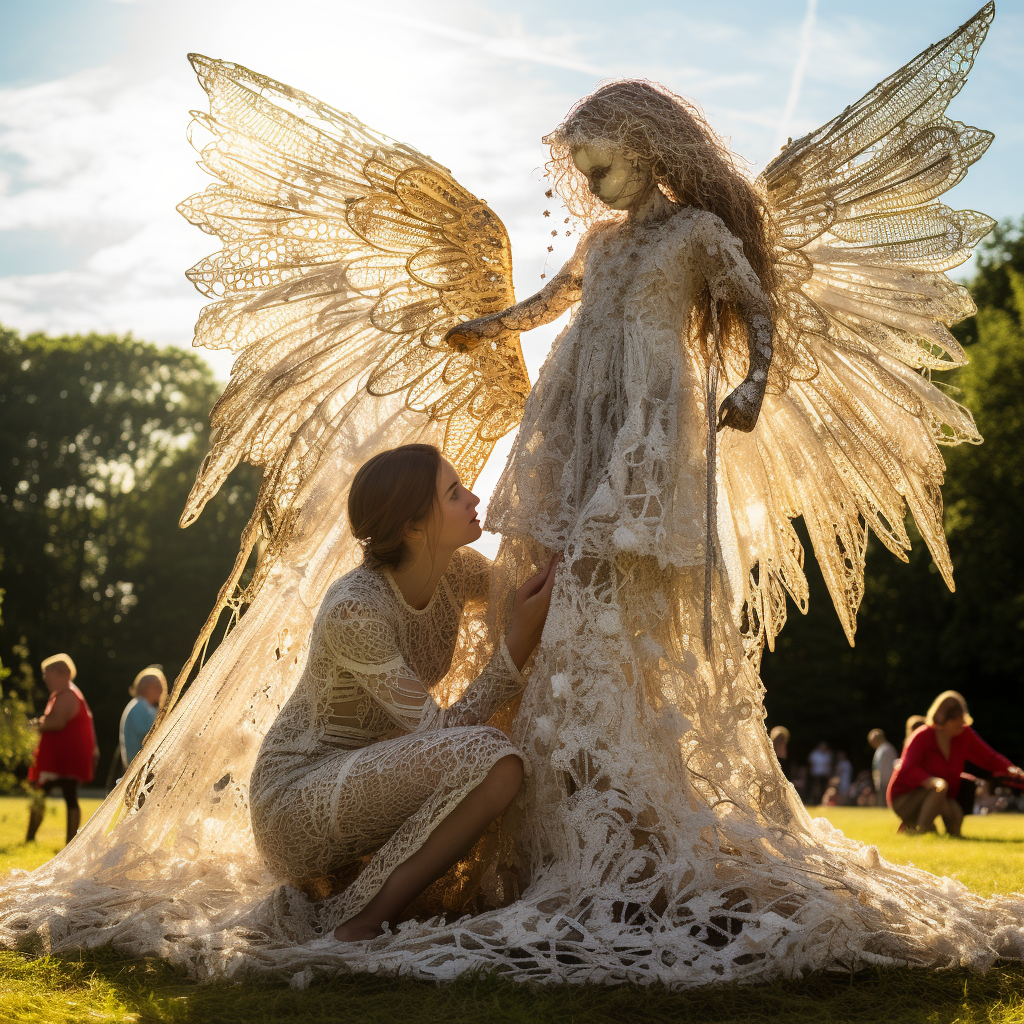 Angel sculpture with delicate lace covering