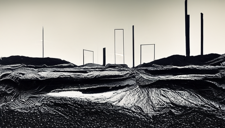 Glitched geological formation in dark powder landscape