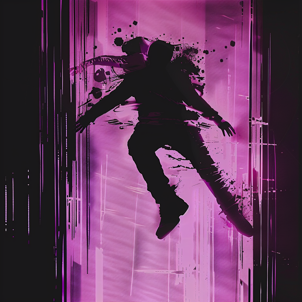 Purple glitchy man falling silhouette