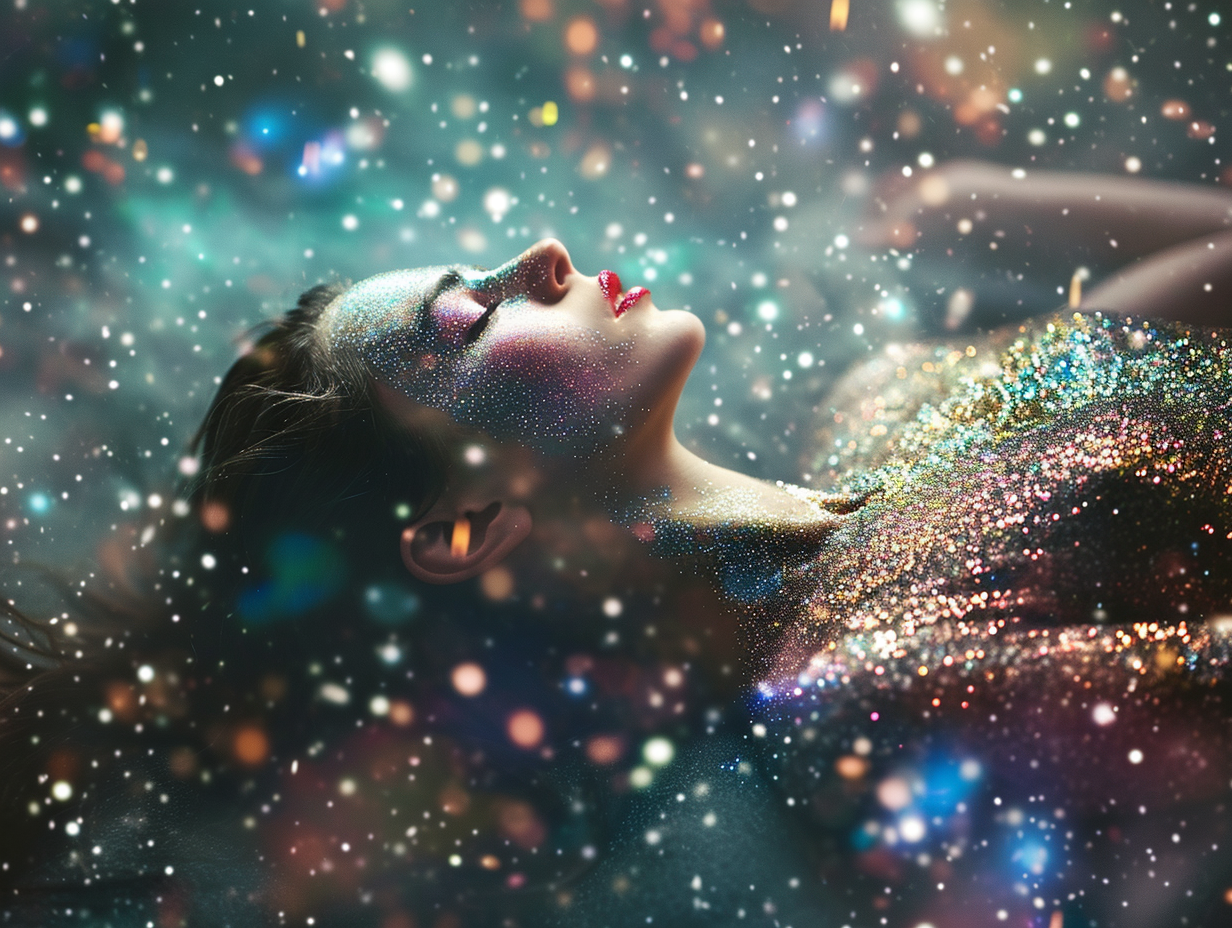 Beautiful woman covered in glitter floating through space