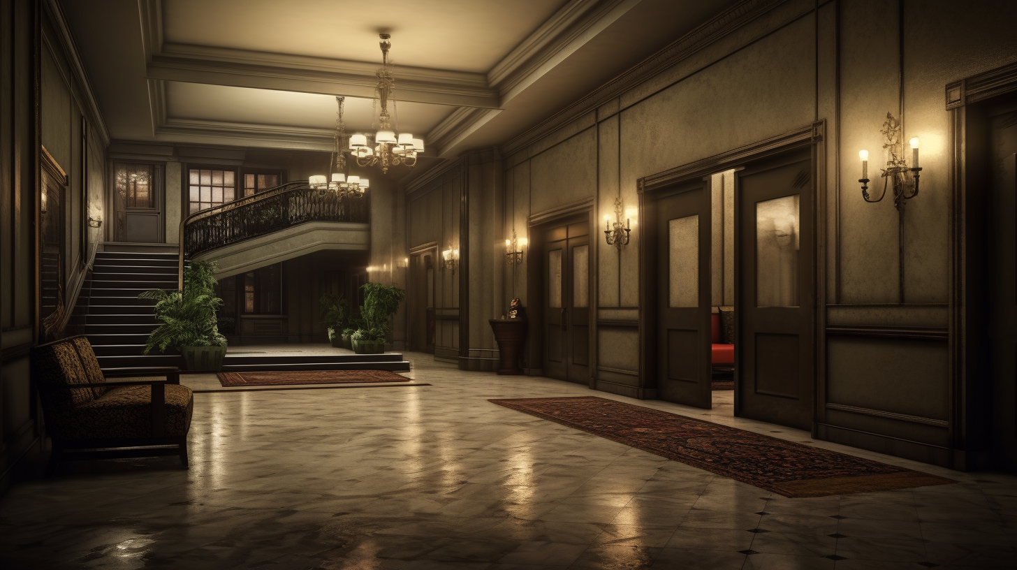 Dark and somber apartment building lobby