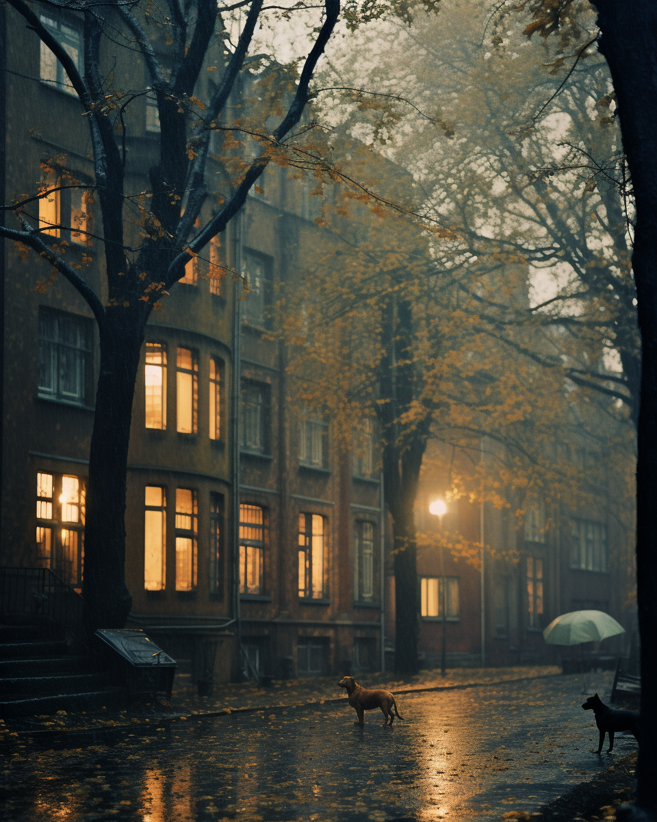 Gloomy residential street with brick houses