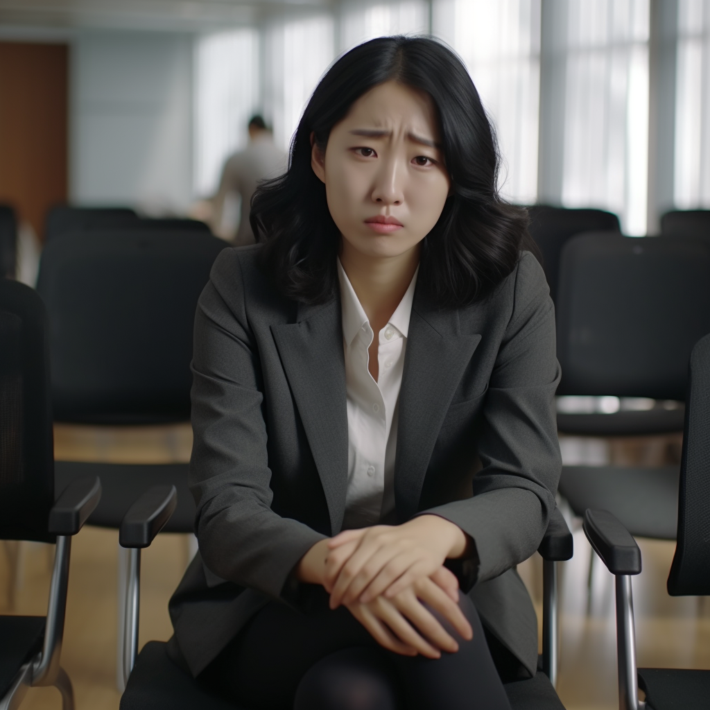 Sad Korean Office Woman Crying on Chair